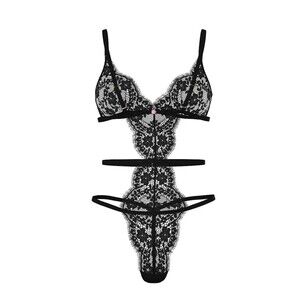 Victoria's Secret Black Floral Lace Strappy Teddy Bodysuit Lingerie M NWT